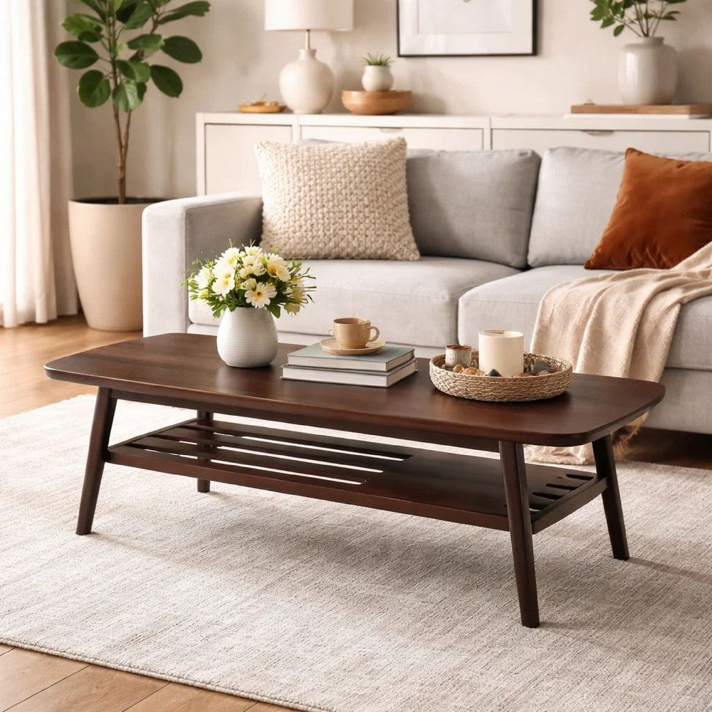 Benjara Gala 47 Inch Modern Wood Coffee Table with Bottom Shelf, Espresso Brown