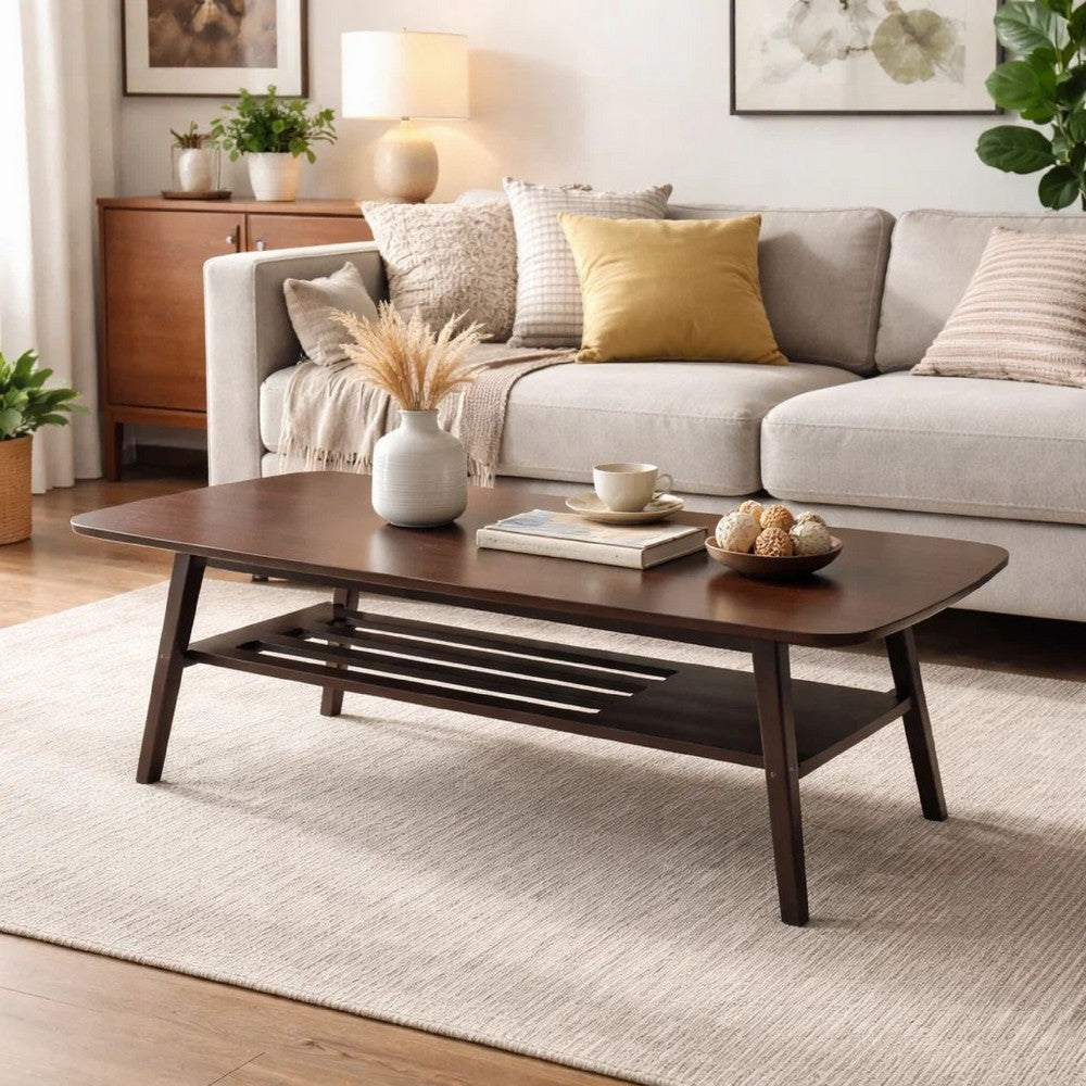 Benjara Gala 47 Inch Modern Wood Coffee Table with Bottom Shelf, Espresso Brown