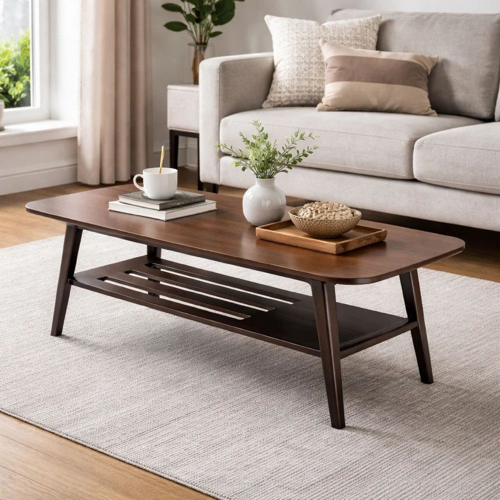 Benjara Gala 47 Inch Modern Wood Coffee Table with Bottom Shelf, Espresso Brown