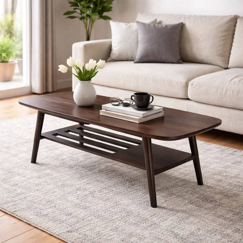 Benjara Gala 47 Inch Modern Wood Coffee Table with Bottom Shelf, Espresso Brown