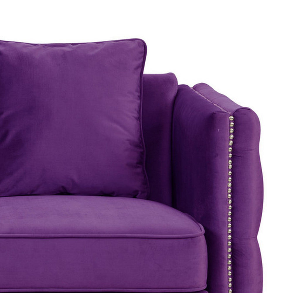 Benjara Zion 53 Inch Modern Loveseat, Button Tufted Purple Velvet, Nailhead Trim