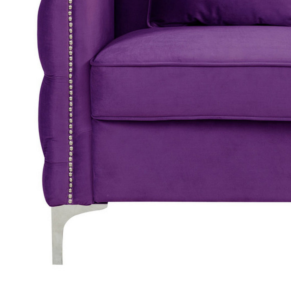 Benjara Zion 53 Inch Modern Loveseat, Button Tufted Purple Velvet, Nailhead Trim