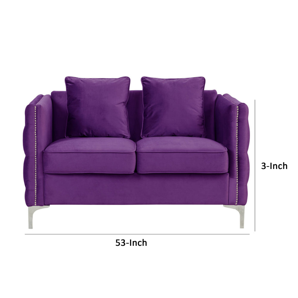 Benjara Zion 53 Inch Modern Loveseat, Button Tufted Purple Velvet, Nailhead Trim