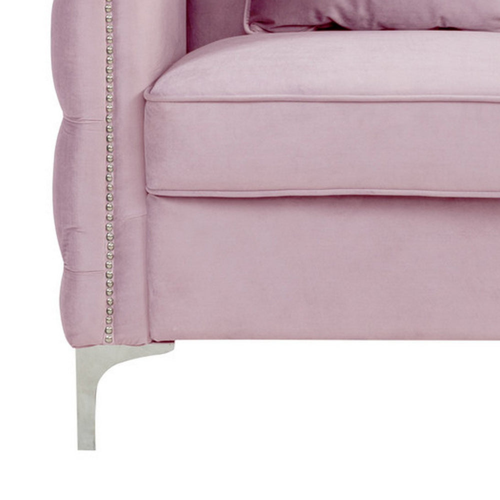 Benjara Zion 53 Inch Modern Loveseat, Button Tufted Pink Velvet with Nailhead Trim