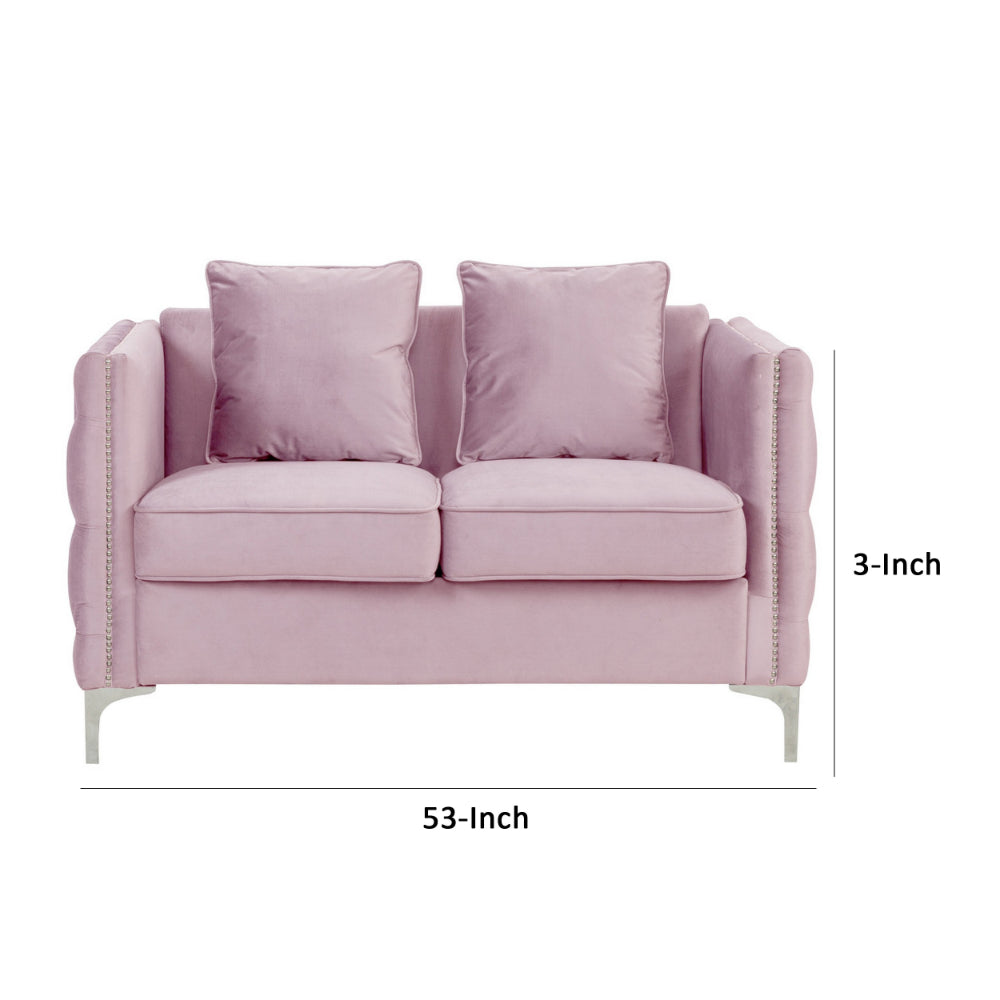 Benjara Zion 53 Inch Modern Loveseat, Button Tufted Pink Velvet with Nailhead Trim