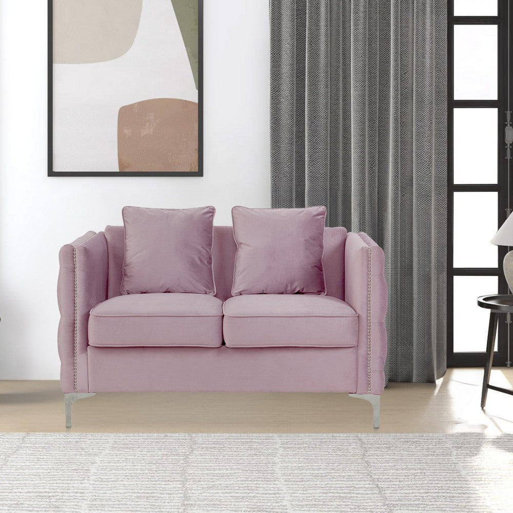 Benjara Zion 53 Inch Modern Loveseat, Button Tufted Pink Velvet with Nailhead Trim