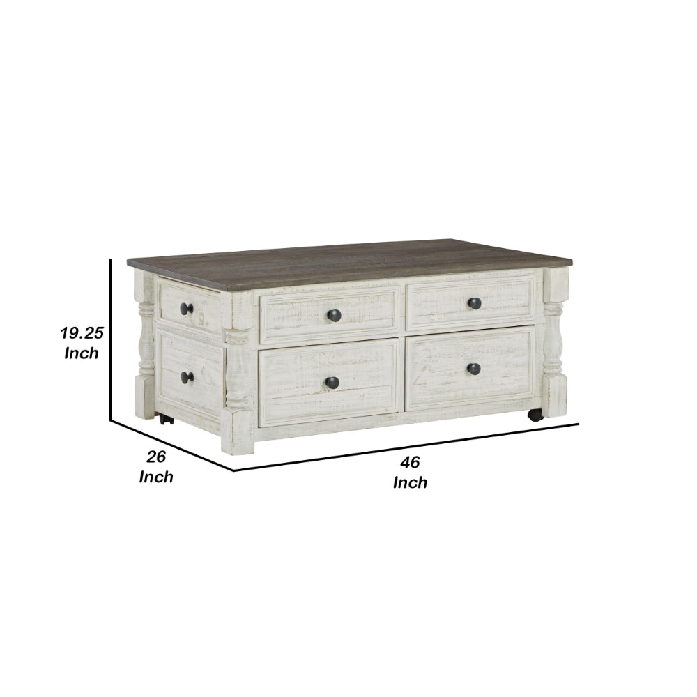 Benjara 46 Inch Rectangular Lift Top Coffee Table, Faux Drawer Front, White, Brown