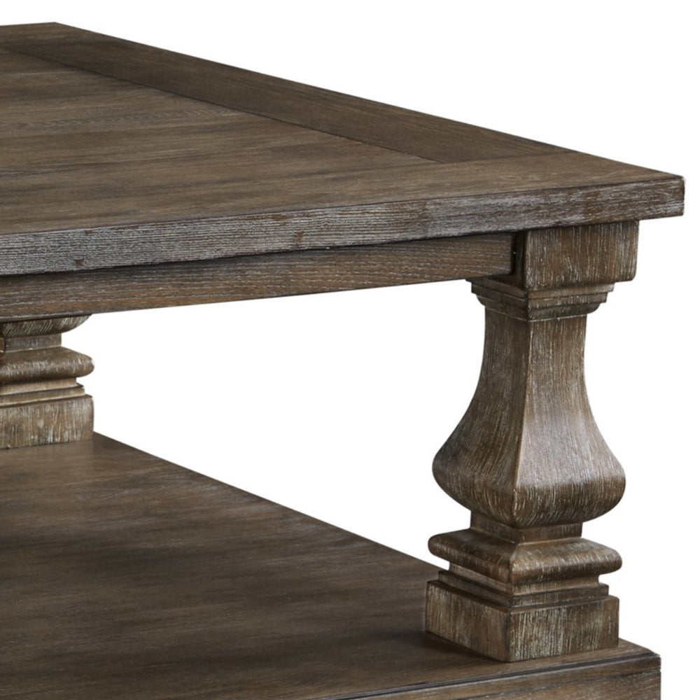 Benjara Classic 54 Inch Coffee Table, Baluster Legs, Spacious Top, Weathered Gray