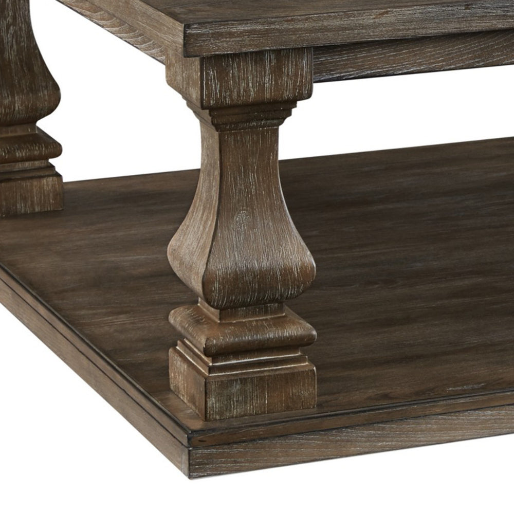 Benjara Classic 54 Inch Coffee Table, Baluster Legs, Spacious Top, Weathered Gray