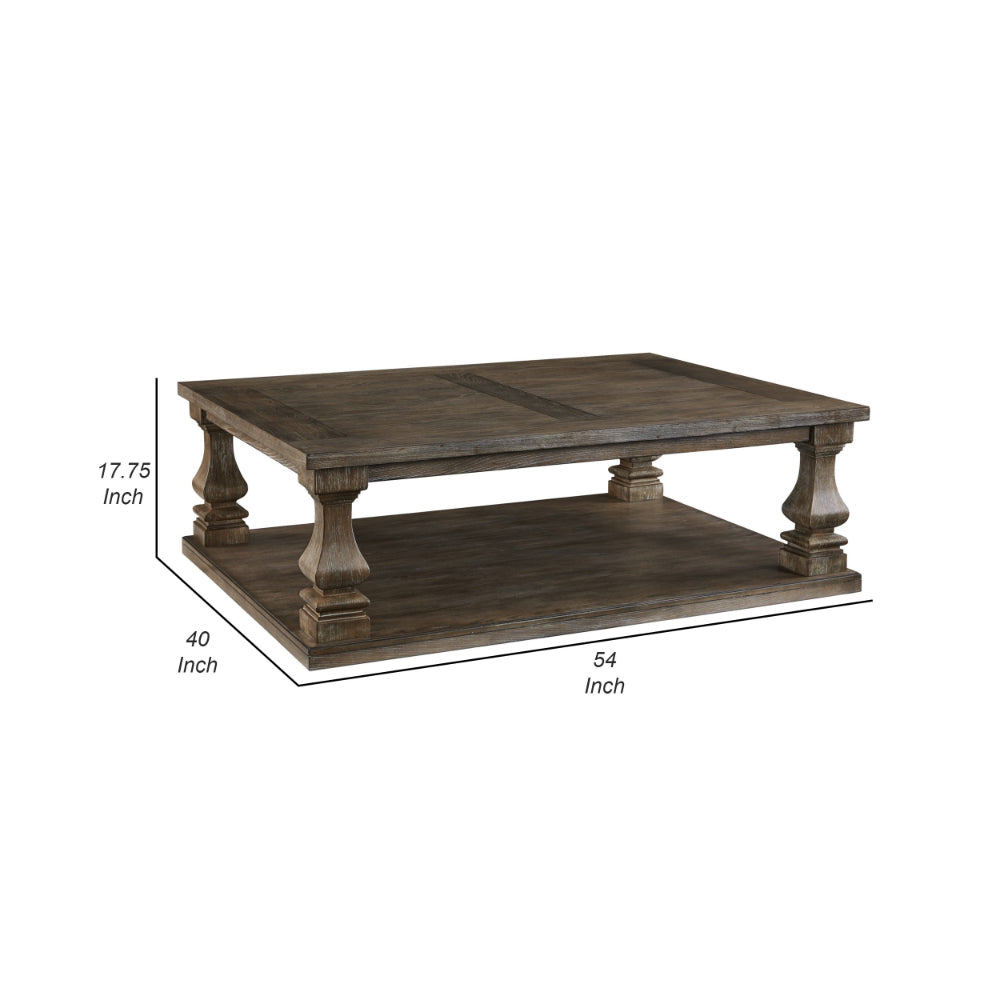 Benjara Classic 54 Inch Coffee Table, Baluster Legs, Spacious Top, Weathered Gray