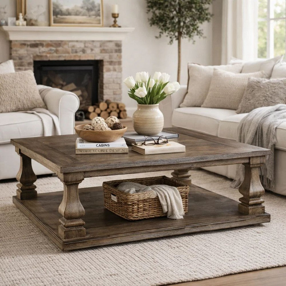 Benjara Classic 54 Inch Coffee Table, Baluster Legs, Spacious Top, Weathered Gray