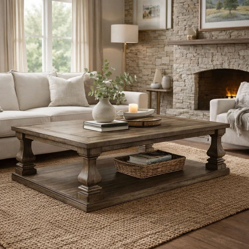 Benjara Classic 54 Inch Coffee Table, Baluster Legs, Spacious Top, Weathered Gray