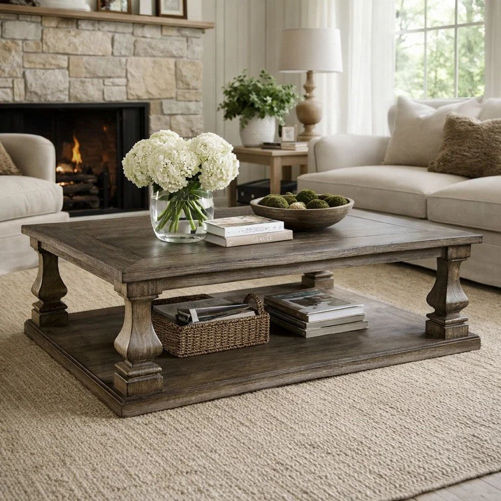 Benjara Classic 54 Inch Coffee Table, Baluster Legs, Spacious Top, Weathered Gray
