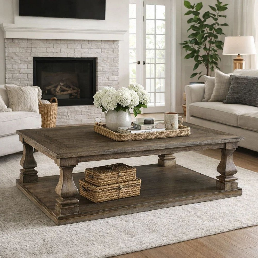 Benjara Classic 54 Inch Coffee Table, Baluster Legs, Spacious Top, Weathered Gray