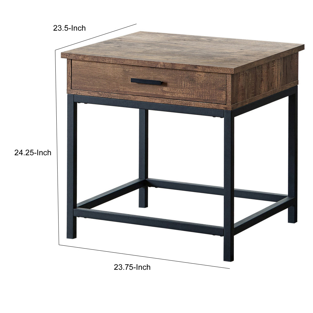 Benjara 24 Inch Side End Table, Rectangular Tabletop, Single Drawer, Rustic Brown