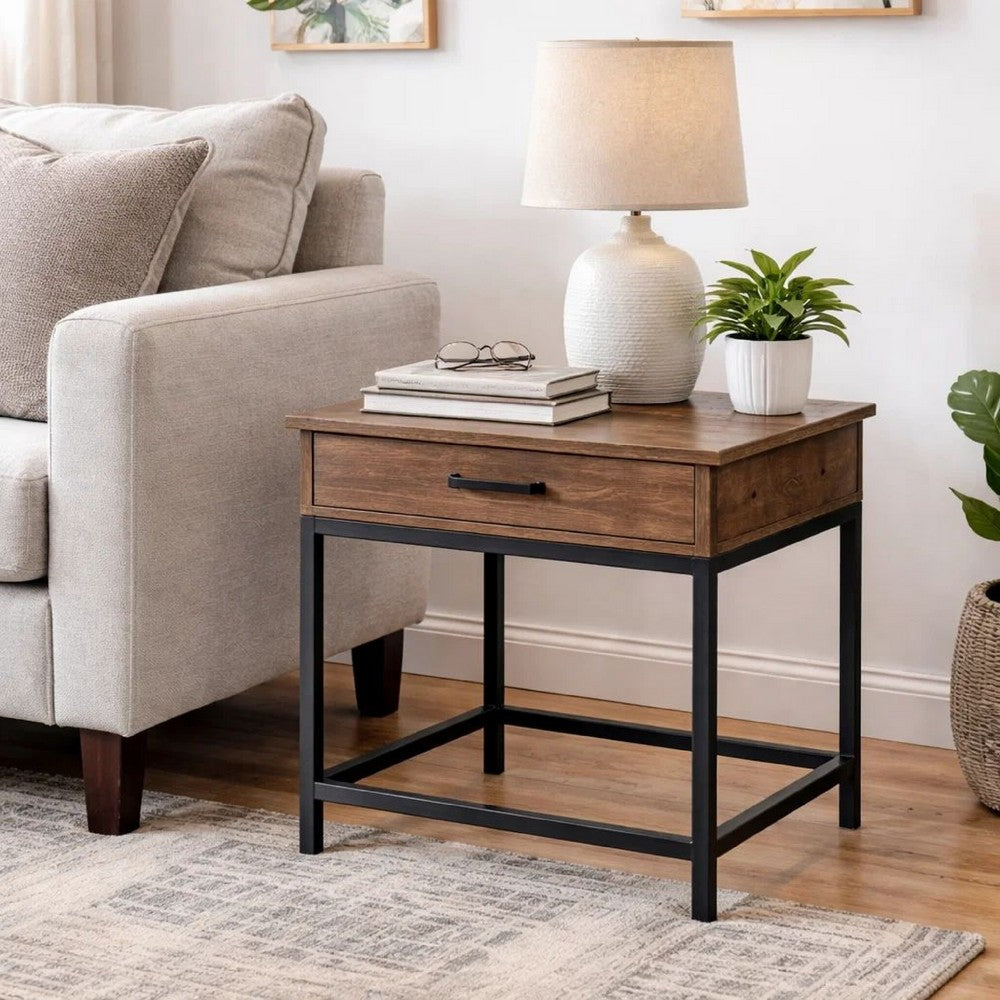 Benjara 24 Inch Side End Table, Rectangular Tabletop, Single Drawer, Rustic Brown