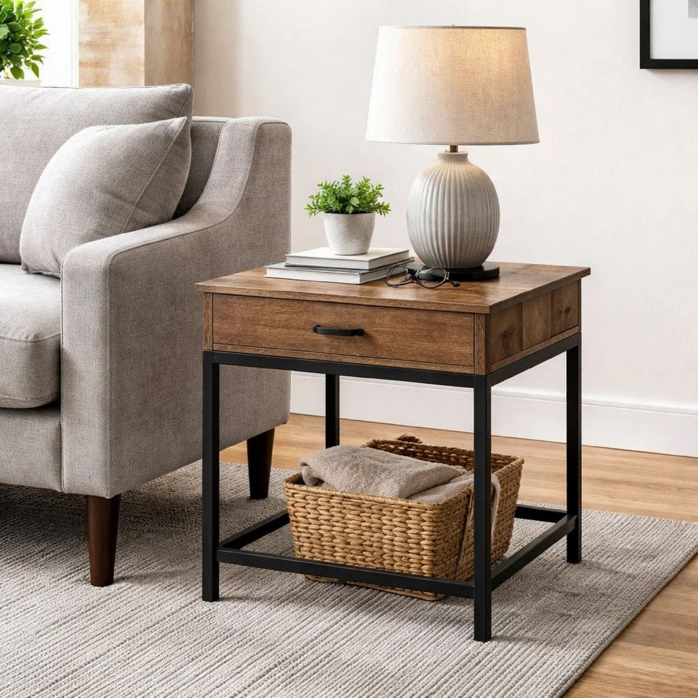 Benjara 24 Inch Side End Table, Rectangular Tabletop, Single Drawer, Rustic Brown
