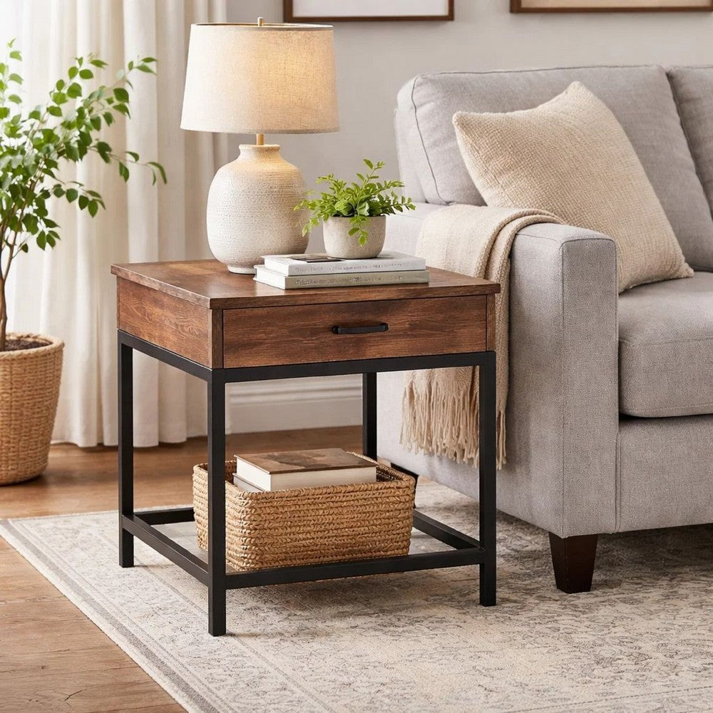 Benjara 24 Inch Side End Table, Rectangular Tabletop, Single Drawer, Rustic Brown