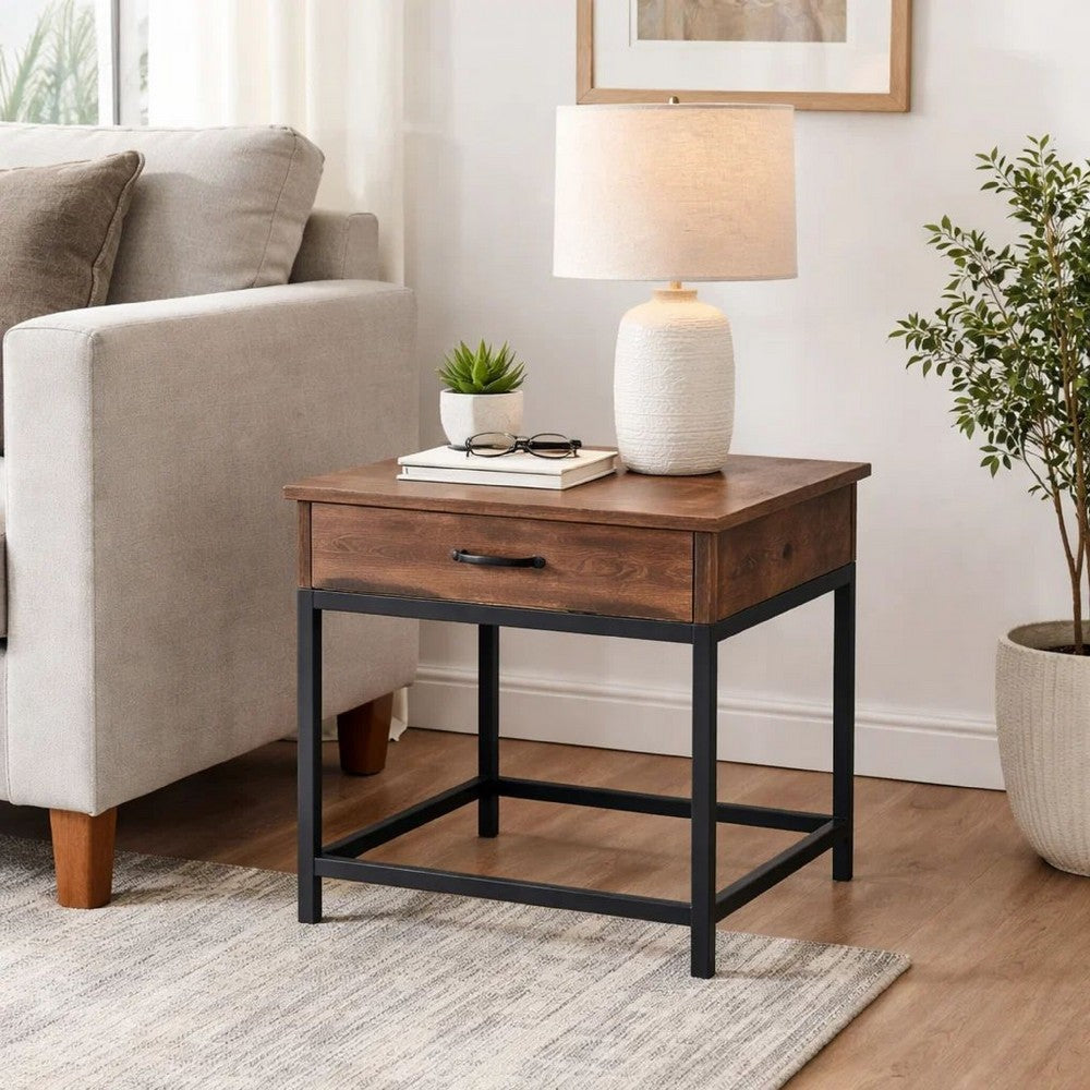 Benjara 24 Inch Side End Table, Rectangular Tabletop, Single Drawer, Rustic Brown
