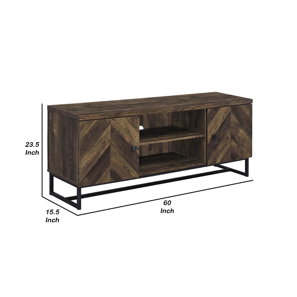 Benjara 60 Inch TV Media Console Cabinet, 2 Herringbone Doors, Rustic Brown Wood