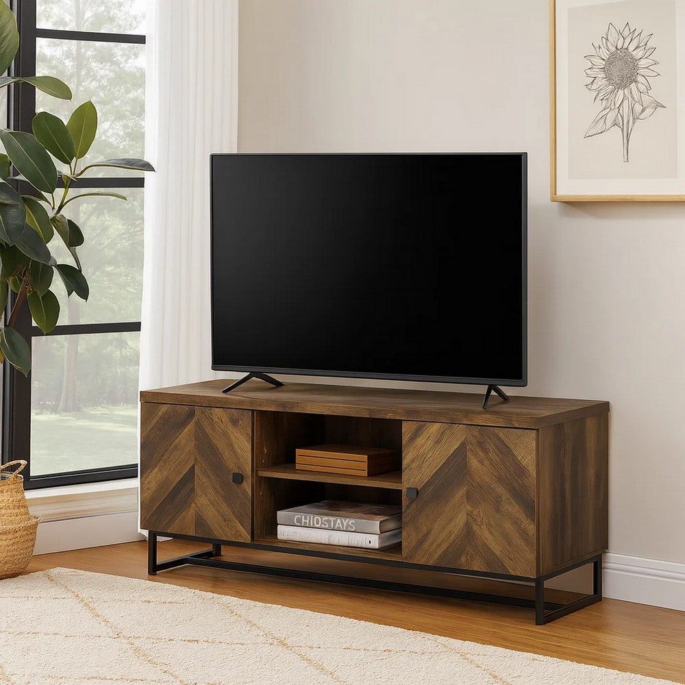 Benjara 60 Inch TV Media Console Cabinet, 2 Herringbone Doors, Rustic Brown Wood