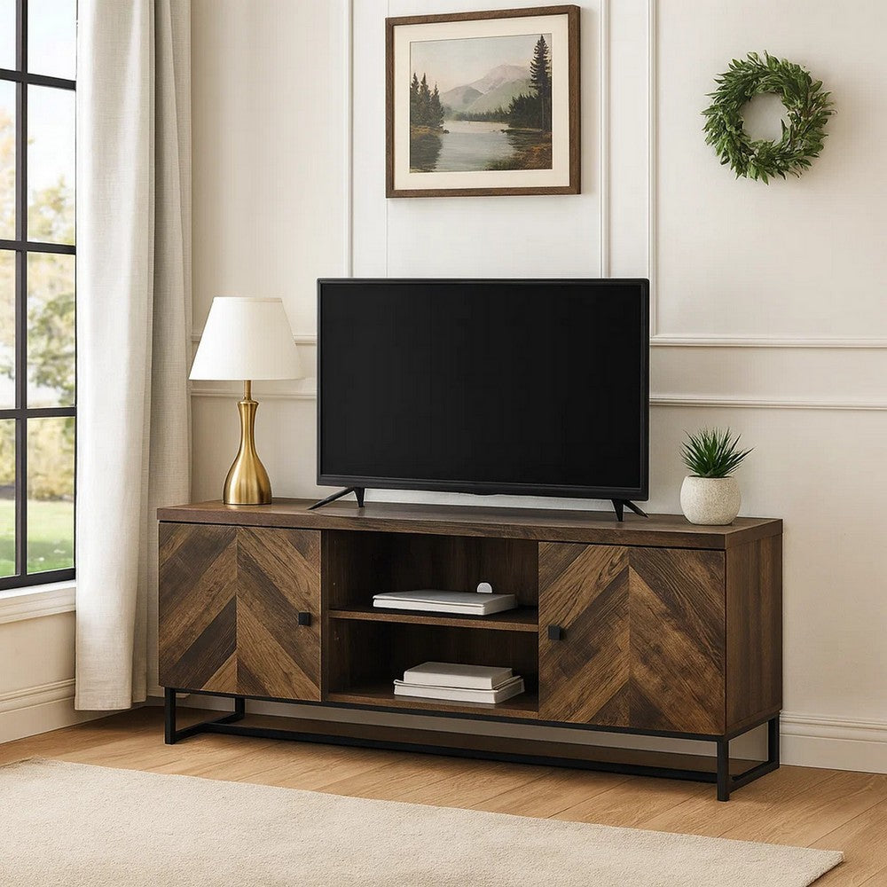 Benjara 60 Inch TV Media Console Cabinet, 2 Herringbone Doors, Rustic Brown Wood