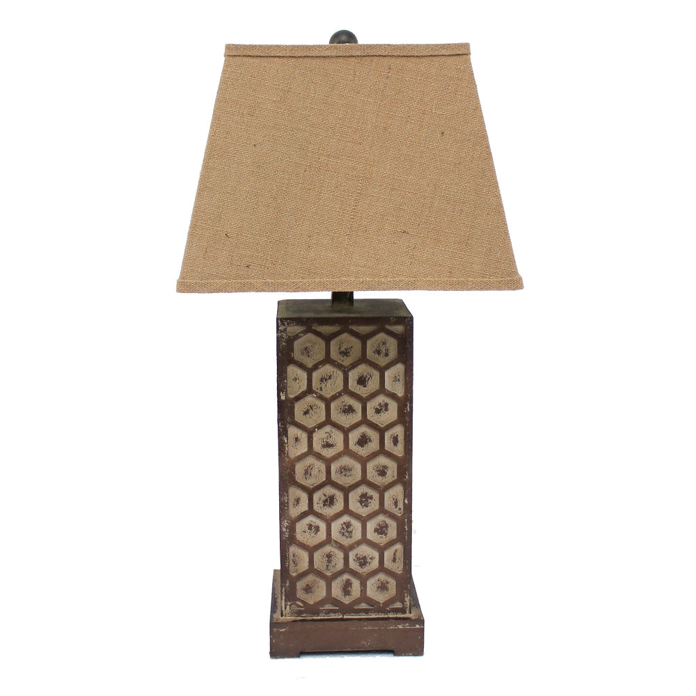Benjara 29 Inch Industrial Table Lamp, Linen Shade, Honeycombed Metal Base, Set of 2, Khaki