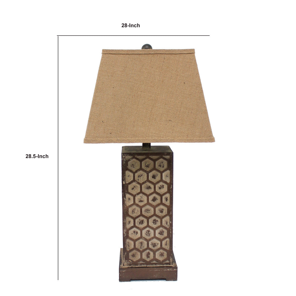 Benjara 29 Inch Industrial Table Lamp, Linen Shade, Honeycombed Metal Base, Set of 2, Khaki