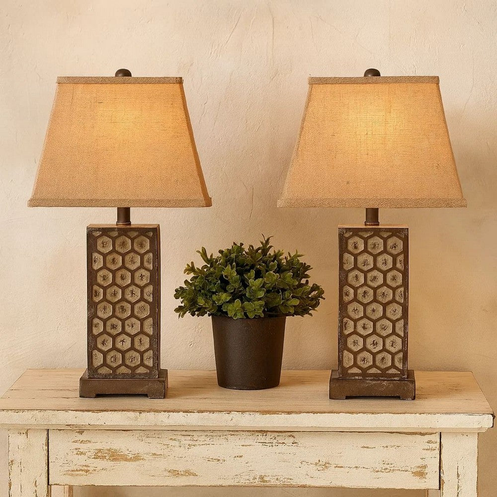 Benjara 29 Inch Industrial Table Lamp, Linen Shade, Honeycombed Metal Base, Set of 2, Khaki