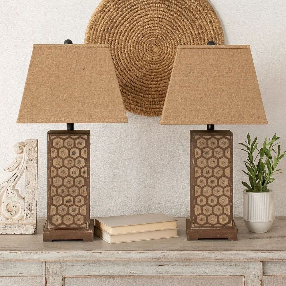 Benjara 29 Inch Industrial Table Lamp, Linen Shade, Honeycombed Metal Base, Set of 2, Khaki