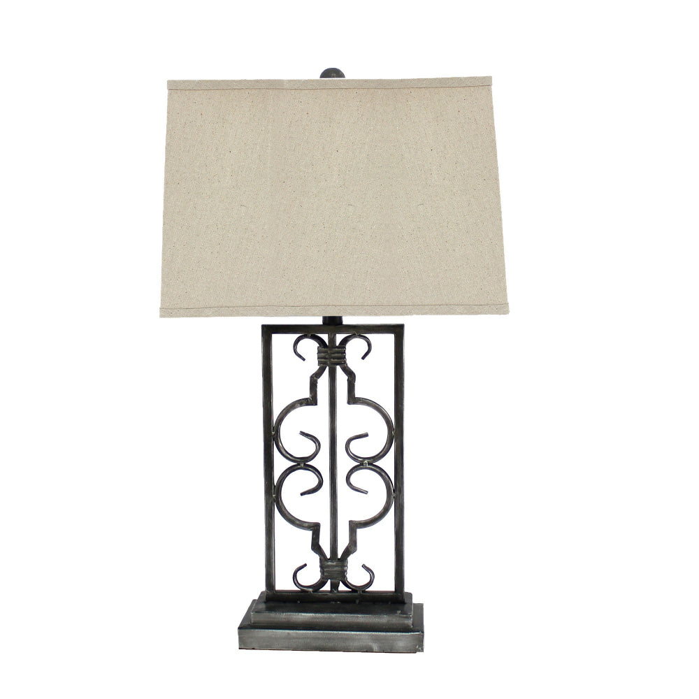 Benjara 29 Inch Industrial Table Lamp, Linen Shade, Set of 2, Stacked Pedestal Base, Black