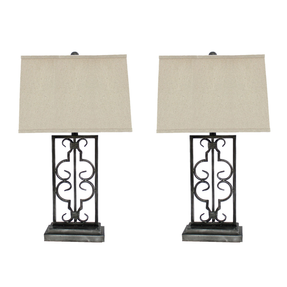 Benjara 29 Inch Industrial Table Lamp, Linen Shade, Set of 2, Stacked Pedestal Base, Black
