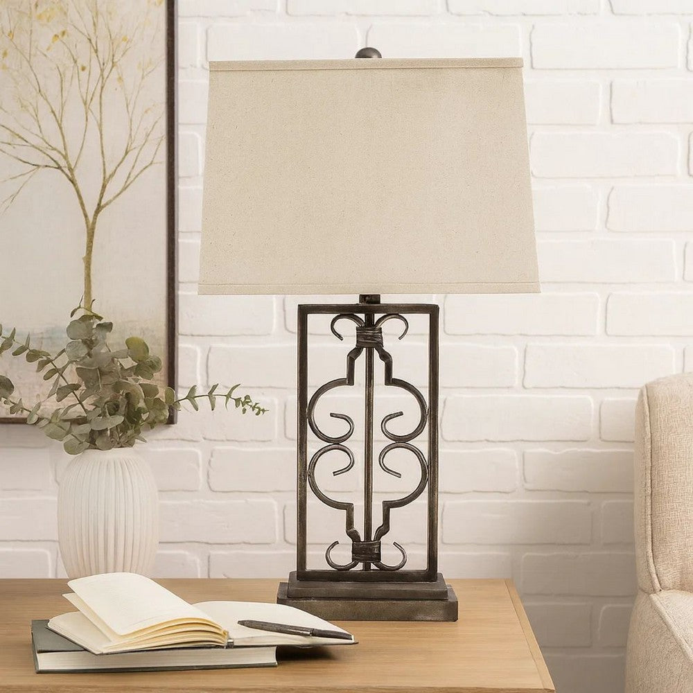Benjara 29 Inch Industrial Table Lamp, Linen Shade, Set of 2, Stacked Pedestal Base, Black