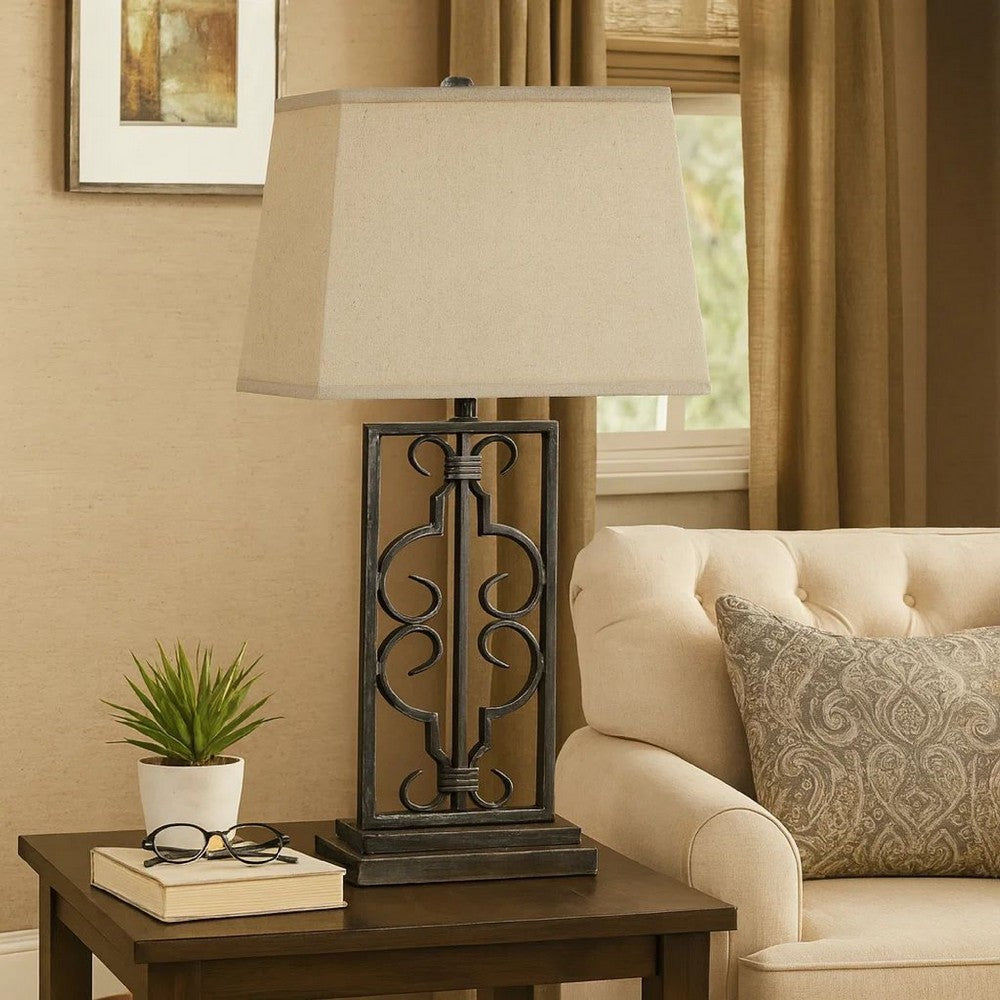 Benjara 29 Inch Industrial Table Lamp, Linen Shade, Set of 2, Stacked Pedestal Base, Black