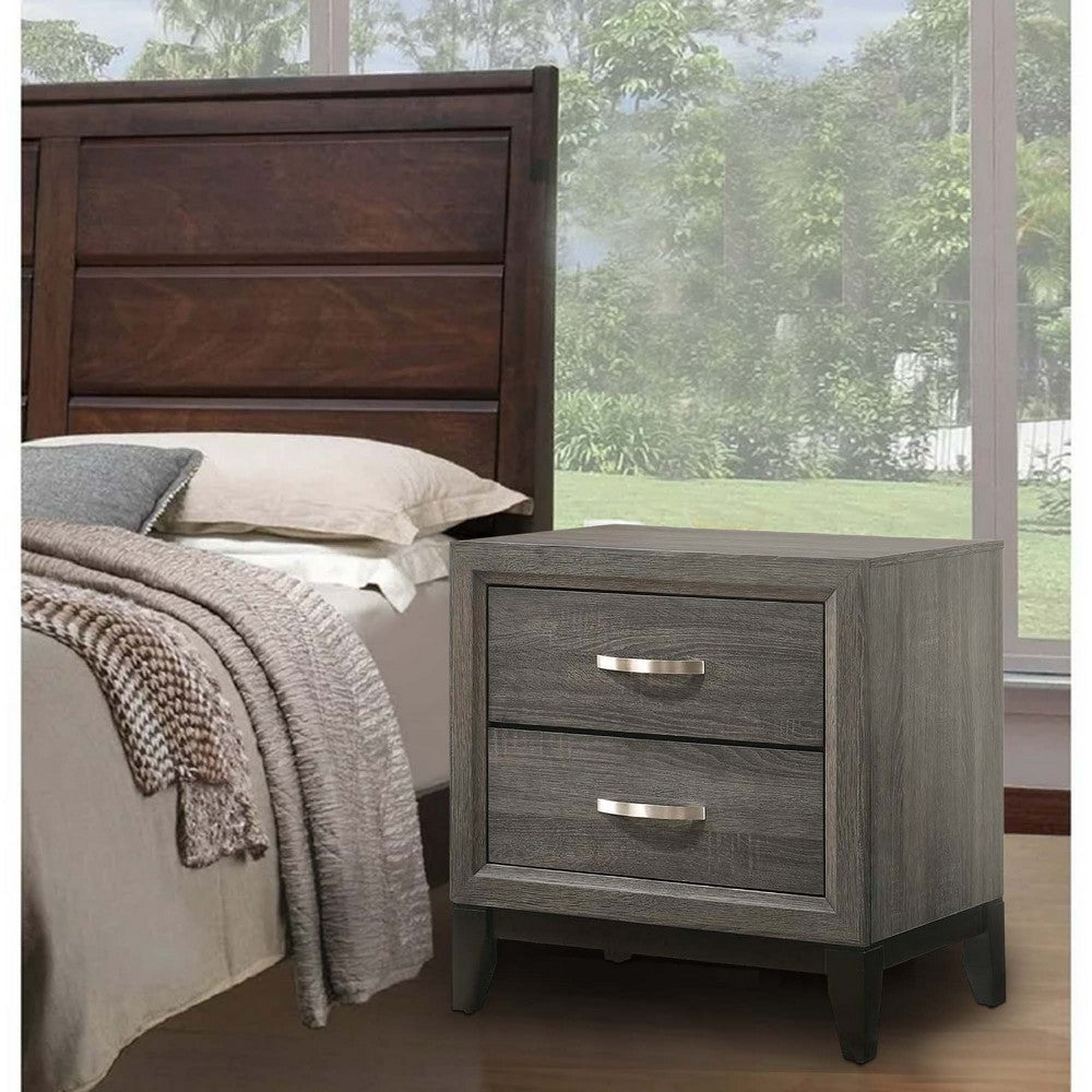 Benjara Mazie 25 Inch Modern 2 Drawer Nightstand, Metal Handle, Gray Foil Finish