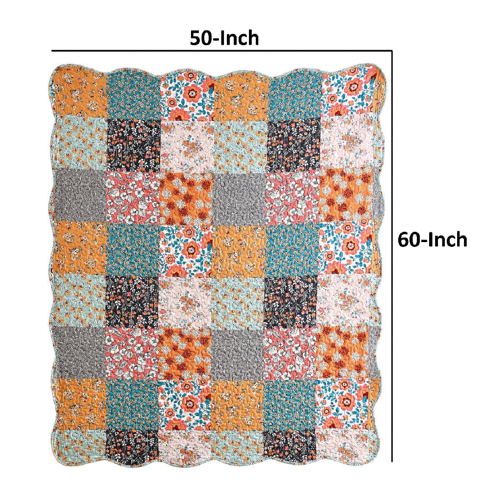 Benjara Turin 60 Inch Throw Blanket, Microfiber, Patchwork Floral Print, Multicolor