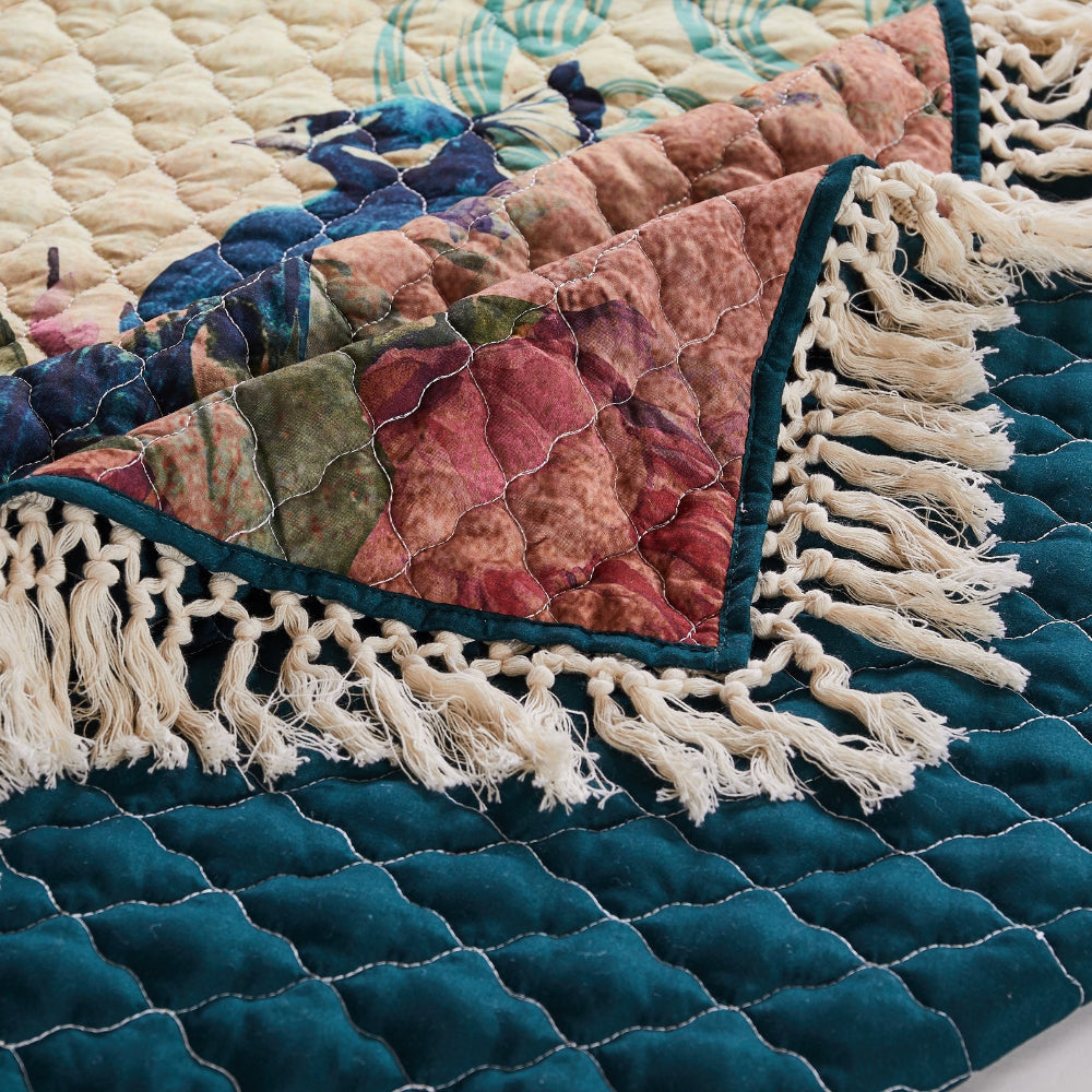 Benjara Ufa 60 Inch Quilted Throw Blanket, Blue Microfiber, Peacock, Floral Design