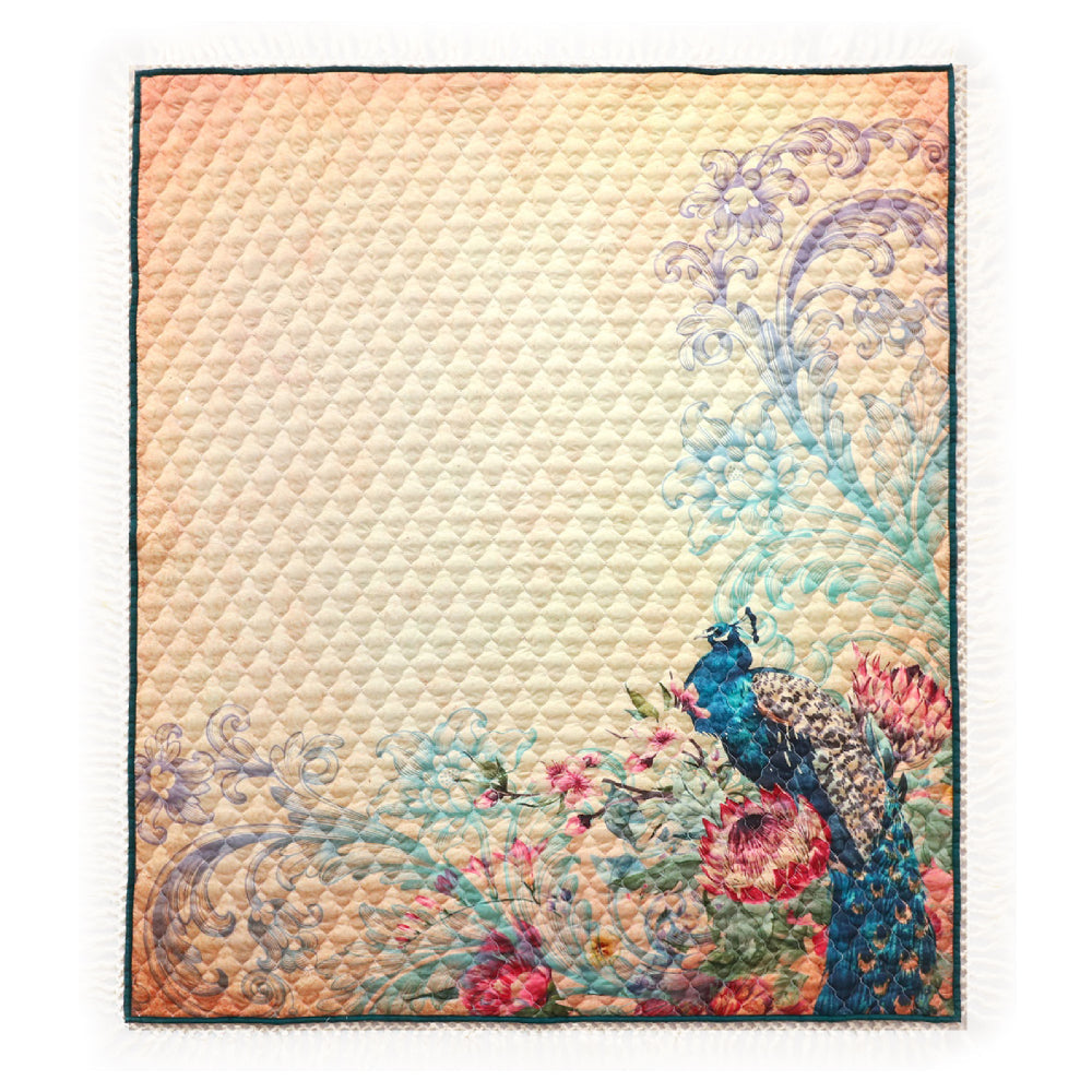 Benjara Ufa 60 Inch Quilted Throw Blanket, Blue Microfiber, Peacock, Floral Design