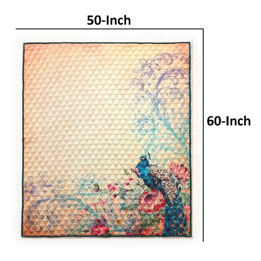 Benjara Ufa 60 Inch Quilted Throw Blanket, Blue Microfiber, Peacock, Floral Design