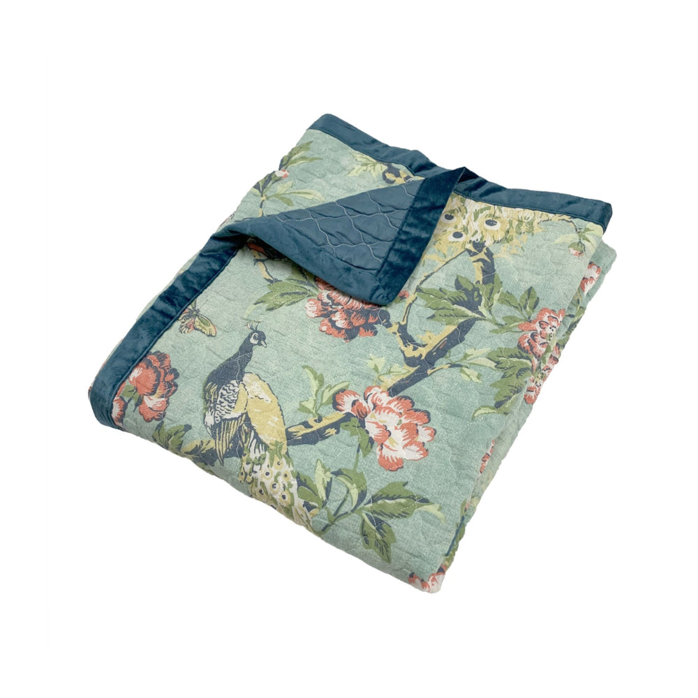 Benjara Eden 60 Inch Throw Blanket, Butterflies And Songbirds, Green Microfiber