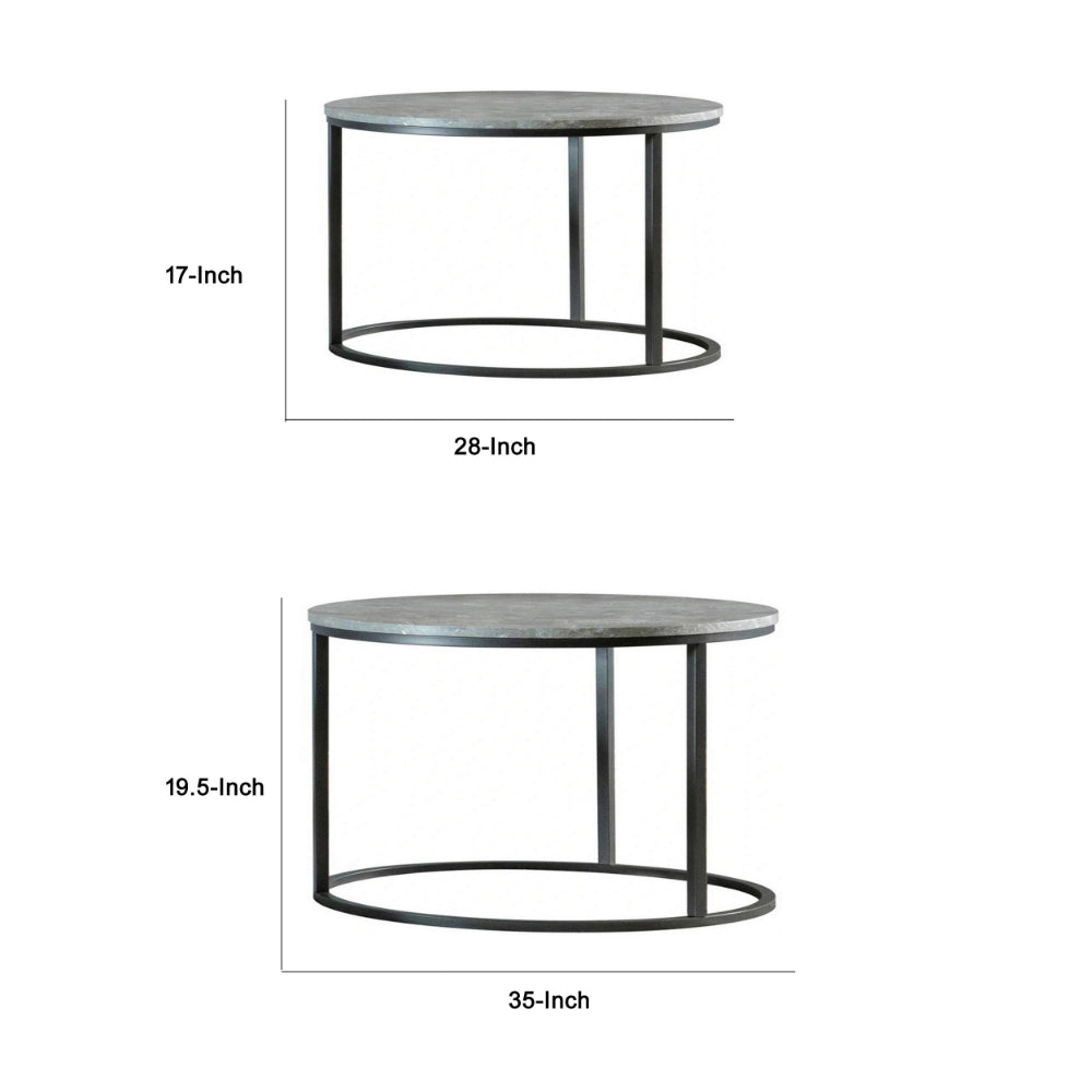 Benjara 35 Inch 2 Piece Nesting Coffee Table Set, Round Gray Faux Marble Tabletop