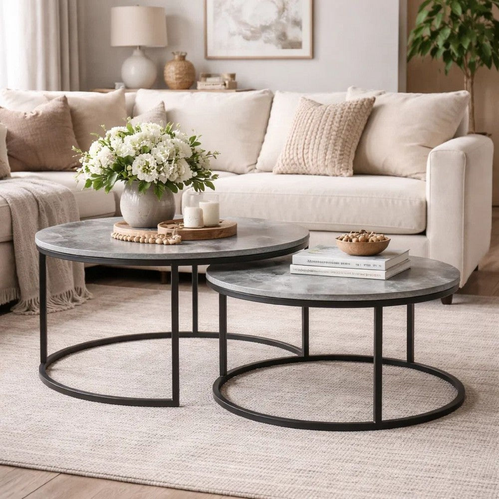 Benjara 35 Inch 2 Piece Nesting Coffee Table Set, Round Gray Faux Marble Tabletop
