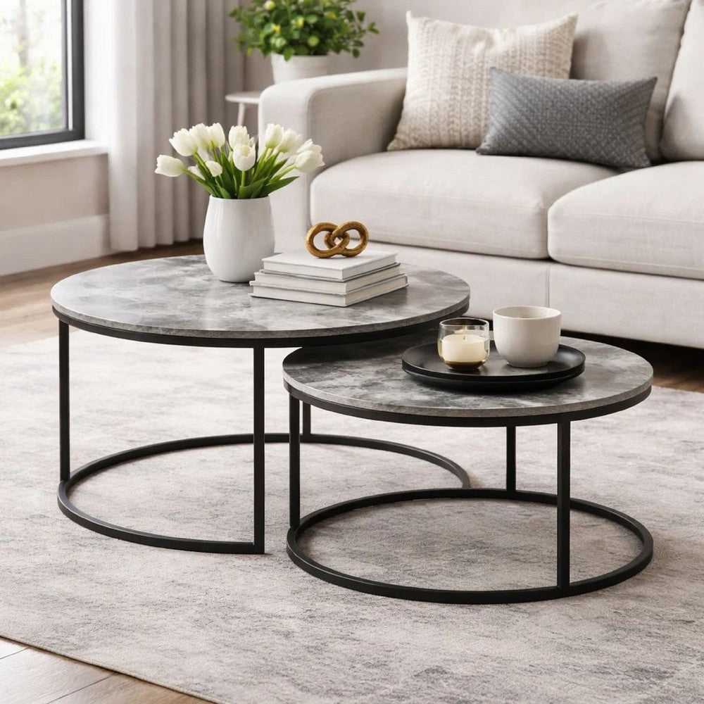 Benjara 35 Inch 2 Piece Nesting Coffee Table Set, Round Gray Faux Marble Tabletop