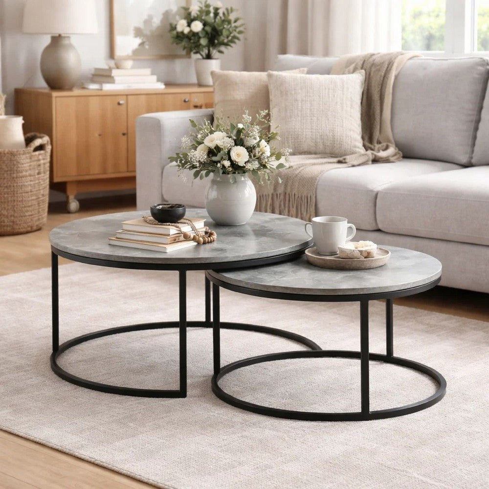 Benjara 35 Inch 2 Piece Nesting Coffee Table Set, Round Gray Faux Marble Tabletop