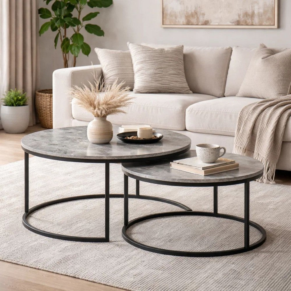 Benjara 35 Inch 2 Piece Nesting Coffee Table Set, Round Gray Faux Marble Tabletop