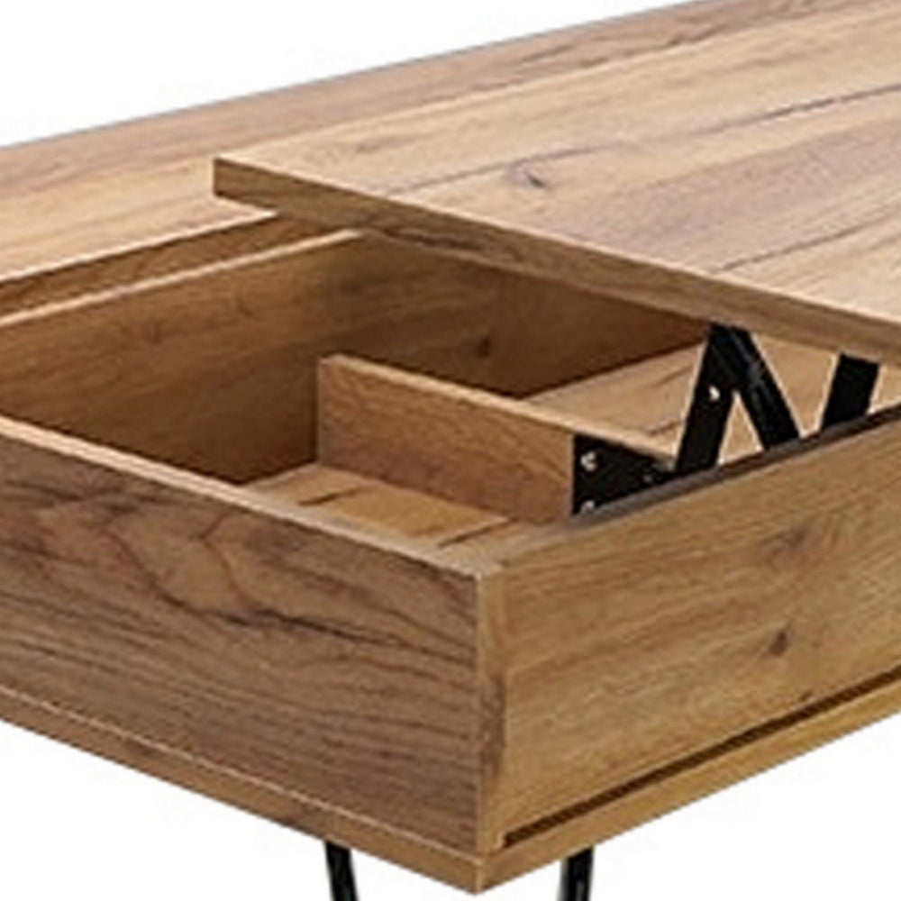 Benjara 47 Inch Lift Top Coffee Table, Natural Brown Wood, 2 Storage Compartments