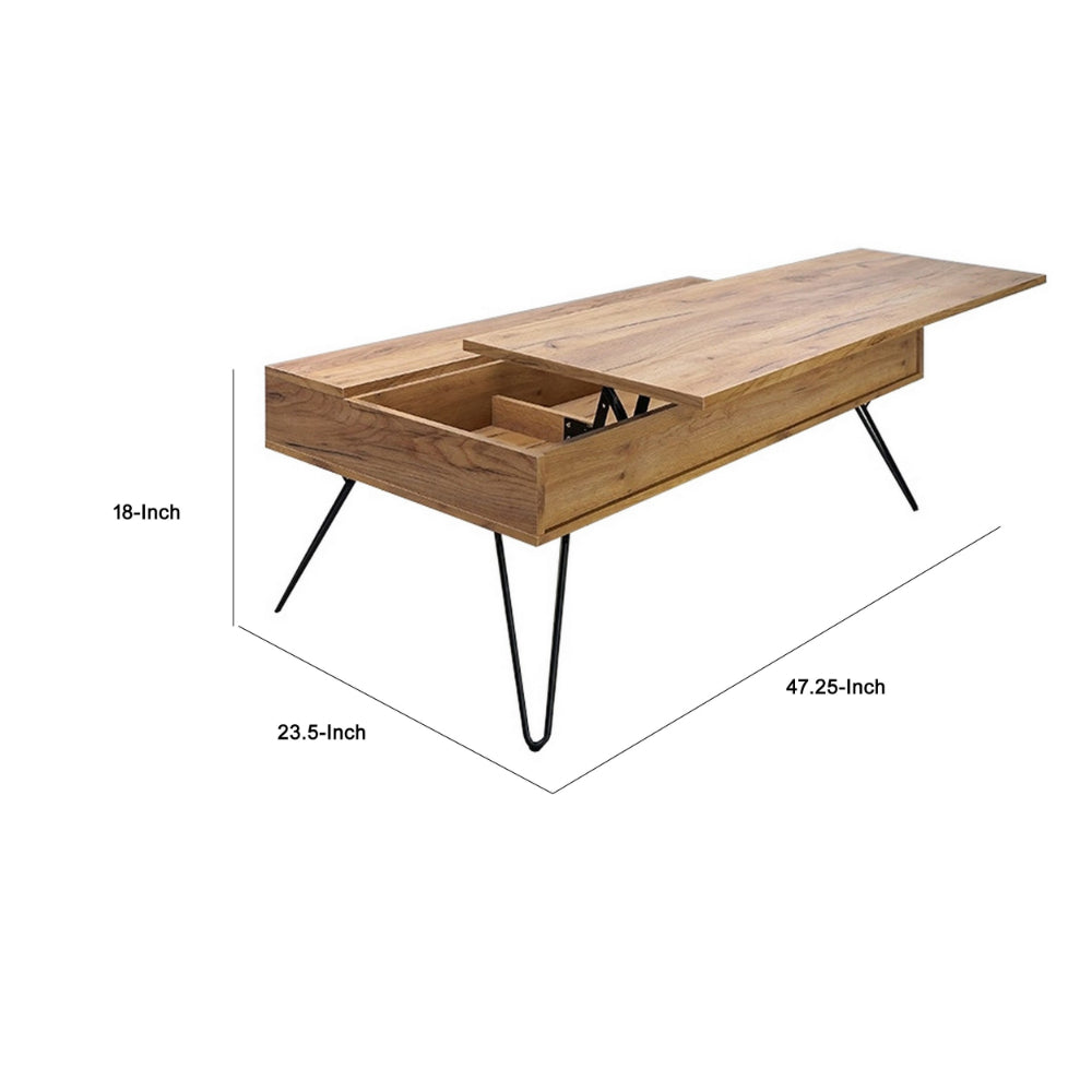 Benjara 47 Inch Lift Top Coffee Table, Natural Brown Wood, 2 Storage Compartments