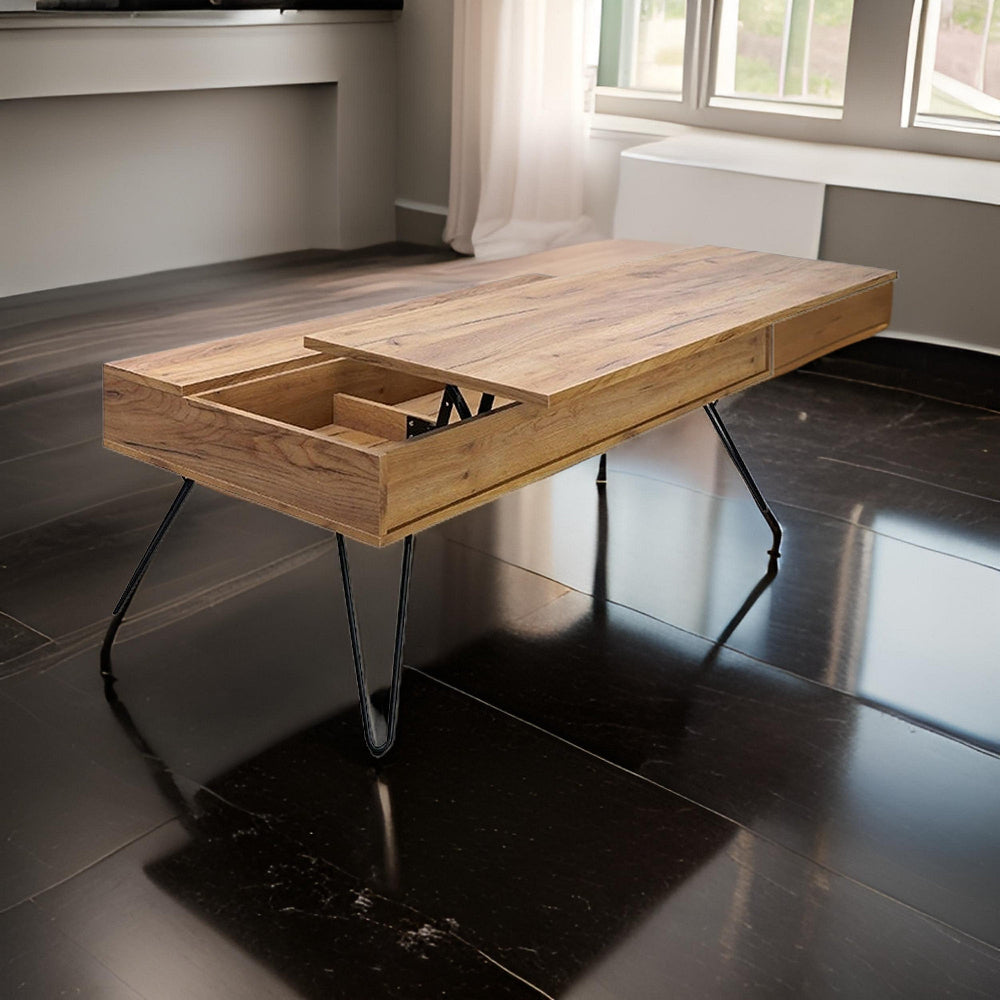 Benjara 47 Inch Lift Top Coffee Table, Natural Brown Wood, 2 Storage Compartments