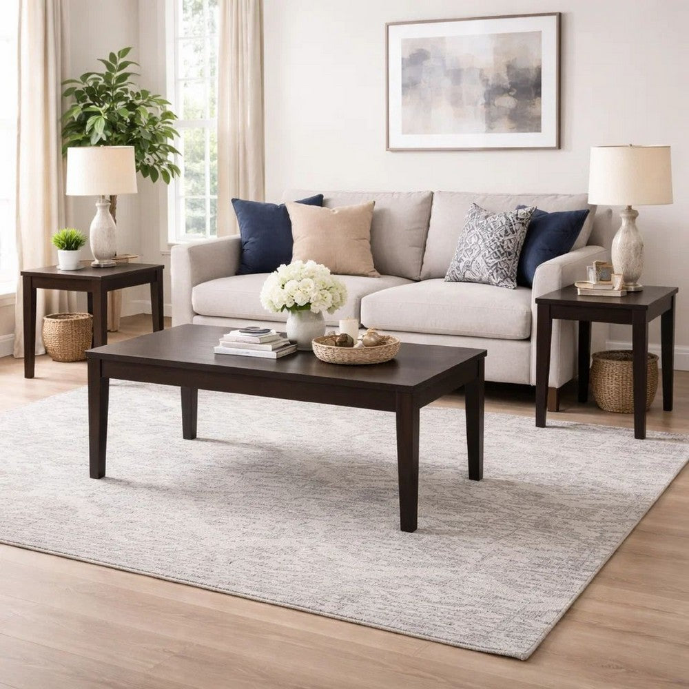 Benjara 3 Piece Rectangular Coffee And Square End Table Set, Sleek Espresso Brown
