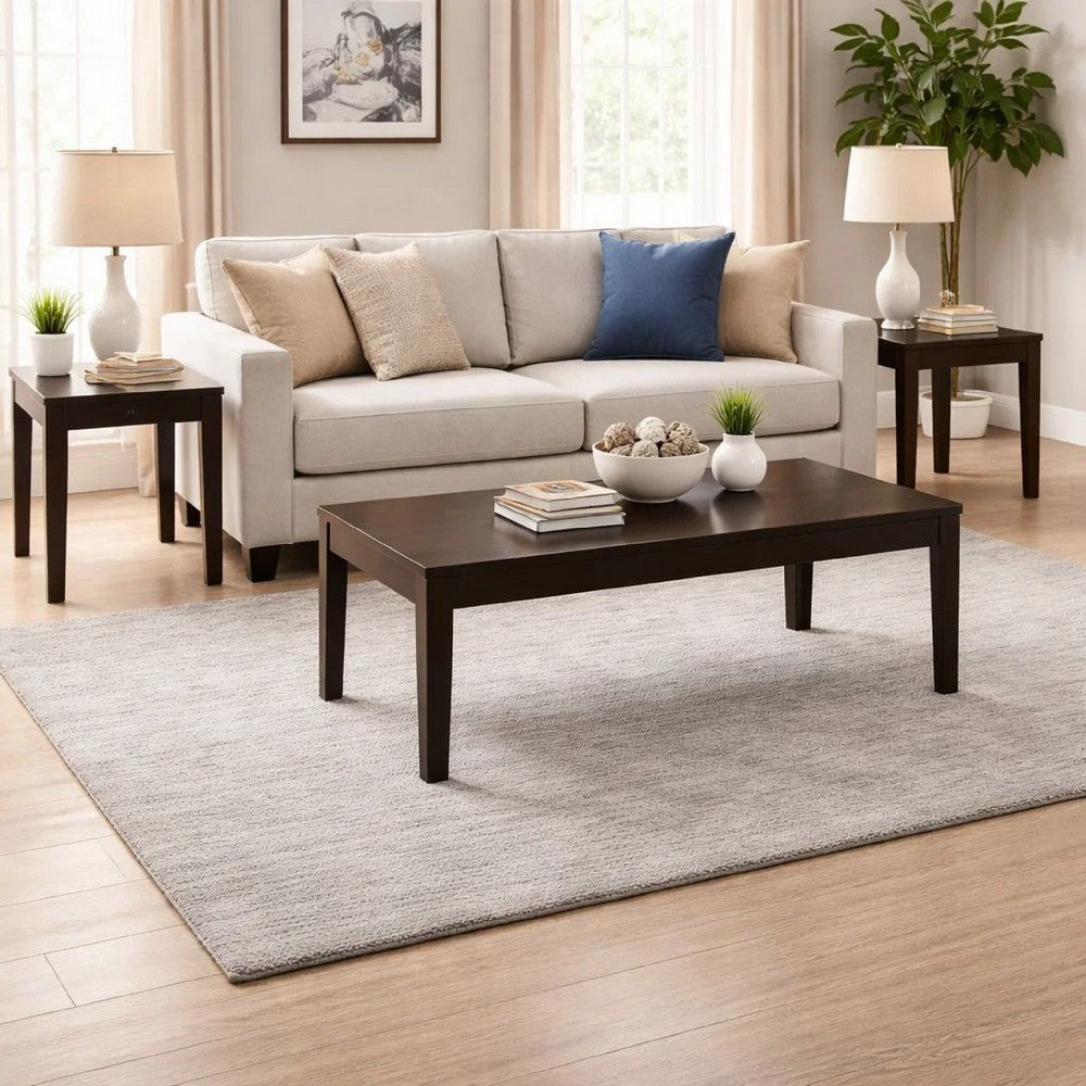 Benjara 3 Piece Rectangular Coffee And Square End Table Set, Sleek Espresso Brown